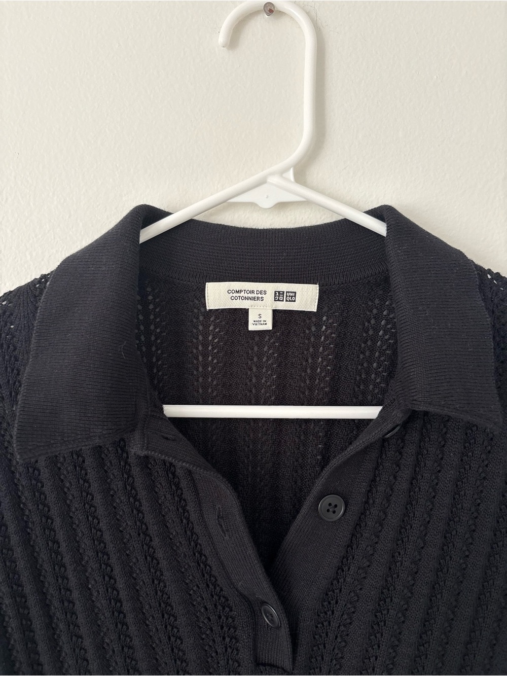 Uniqlo Black Knit Short Sleeve Cotton Popcorn Polo Sheer Pointelle Sweater Small - Picture 5 of 7